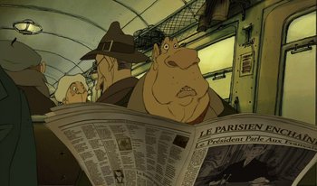 Movie still from “The Triplets of Belleville” (2003), directed by Sylvain Chomet – An animated character reading a newspaper in a train car; Close Up shot, Low angle