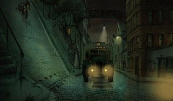 Movie still from “The Triplets of Belleville” (2003), directed by Sylvain Chomet – A bus is driving down the street at night; Extreme Wide shot, High angle