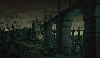 Movie still from “The Triplets of Belleville” (2003), directed by Sylvain Chomet – An illustration of an abandoned building and a bridge in the dark; Extreme Wide shot, High angle