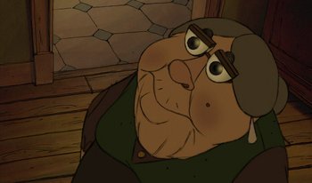 Movie still from “The Triplets of Belleville” (2003), directed by Sylvain Chomet – An old man with glasses is sitting in a chair; Extreme Close Up shot, High angle