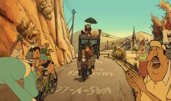 Movie still from “The Triplets of Belleville” (2003), directed by Sylvain Chomet – A group of people riding motorcycles down a road; Wide shot, Low angle