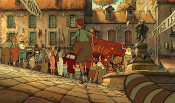 Movie still from “The Triplets of Belleville” (2003), directed by Sylvain Chomet – An animated scene of people in the street; Extreme Wide shot, High angle