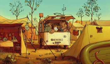 Movie still from “The Triplets of Belleville” (2003), directed by Sylvain Chomet – A cartoon drawing of a bus with a couple of people in it; Extreme Wide shot, Low angle