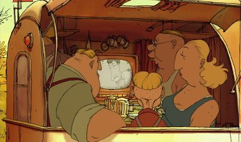 Movie still from “The Triplets of Belleville” (2003), directed by Sylvain Chomet – A group of people standing in front of a television; Extreme Close Up shot, High angle