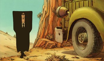 Movie still from “The Triplets of Belleville” (2003), directed by Sylvain Chomet – A cartoon of a man in a suit and tie next to an old car; Wide shot, Low angle