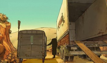 Movie still from “The Triplets of Belleville” (2003), directed by Sylvain Chomet – A man in a long black coat walking next to a truck; Extreme Wide shot, Low angle
