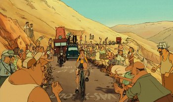 Movie still from “The Triplets of Belleville” (2003), directed by Sylvain Chomet – An illustration of a woman riding a bike down a road; Extreme Wide shot, High angle