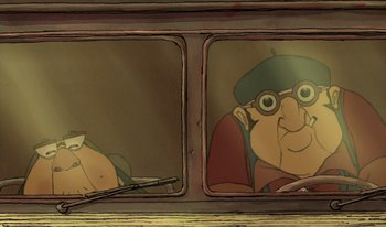 Movie still from “The Triplets of Belleville” (2003), directed by Sylvain Chomet – A cartoon picture of a man with a hat and glasses; Close Up shot, Low angle