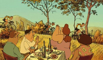 Movie still from “The Triplets of Belleville” (2003), directed by Sylvain Chomet – A group of people sitting at a table with food; Extreme Wide shot, High angle