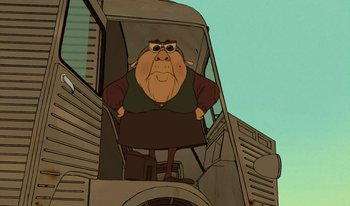 Movie still from “The Triplets of Belleville” (2003), directed by Sylvain Chomet – An old man is standing in the back of a truck; Medium shot, Low angle