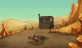Movie still from “The Triplets of Belleville” (2003), directed by Sylvain Chomet – A bicycle is parked next to a horse trailer; Extreme Wide shot, Overhead angle