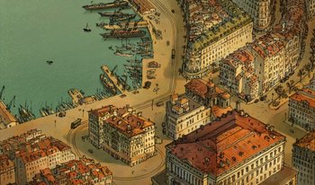 Movie still from “The Triplets of Belleville” (2003), directed by Sylvain Chomet – An aerial view of a city with boats in the water; Extreme Wide shot, Overhead angle