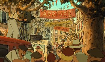 Movie still from “The Triplets of Belleville” (2003), directed by Sylvain Chomet – A crowd of people standing under a large sign; Extreme Wide shot, High angle