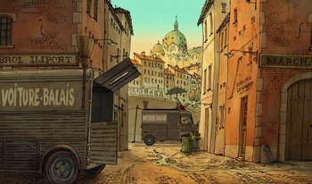 Movie still from “The Triplets of Belleville” (2003), directed by Sylvain Chomet – An animated street scene with a van parked on the side of the street; Extreme Wide shot, High angle