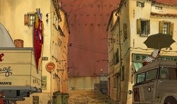 Movie still from “The Triplets of Belleville” (2003), directed by Sylvain Chomet – An illustration of an alleyway in an urban setting; Extreme Wide shot, Low angle