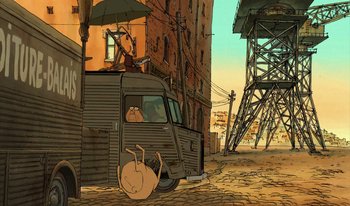 Movie still from “The Triplets of Belleville” (2003), directed by Sylvain Chomet – An animated scene of a cat and a truck in the middle of a city; Wide shot, High angle