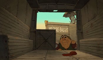 Movie still from “The Triplets of Belleville” (2003), directed by Sylvain Chomet – An animated picture of an old man in a garage; Wide shot, Low angle