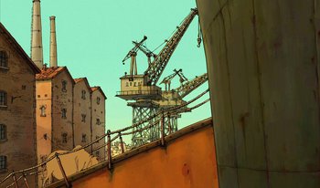 Movie still from “The Triplets of Belleville” (2003), directed by Sylvain Chomet – An illustration of a crane in the sky; Extreme Wide shot, Low angle