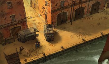 Movie still from “The Triplets of Belleville” (2003), directed by Sylvain Chomet – An illustration of a street with a truck parked on the side of the road; Extreme Wide shot, High angle