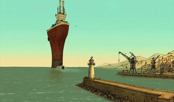 Movie still from “The Triplets of Belleville” (2003), directed by Sylvain Chomet – An illustration of a ship in the water; Extreme Wide shot, Low angle