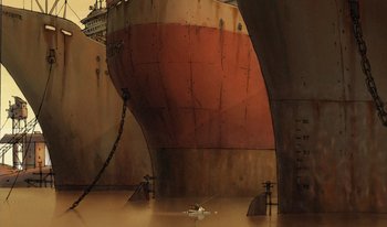 Movie still from “The Triplets of Belleville” (2003), directed by Sylvain Chomet – Two large boats in a body of water; Extreme Wide shot, Low angle