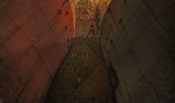 Movie still from “The Triplets of Belleville” (2003), directed by Sylvain Chomet – An image of an alley way with stairs going up the side of it; Extreme Wide shot, Overhead angle