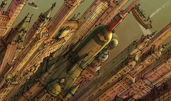 Movie still from “The Triplets of Belleville” (2003), directed by Sylvain Chomet – An artistic rendering of a city with a bottle of wine; Extreme Wide shot, Overhead angle