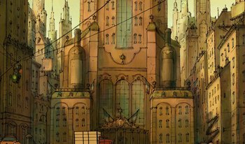 Movie still from “The Triplets of Belleville” (2003), directed by Sylvain Chomet – An artistic drawing of a large building in a city; Extreme Wide shot, Low angle