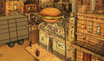 Movie still from “The Triplets of Belleville” (2003), directed by Sylvain Chomet – An illustration of a burger on the side of the street; Extreme Wide shot, Overhead angle