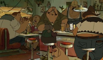 Movie still from “The Triplets of Belleville” (2003), directed by Sylvain Chomet – A group of people sitting at a table in front of a bar; Wide shot, High angle