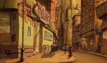Movie still from “The Triplets of Belleville” (2003), directed by Sylvain Chomet – A cartoon of a city street with buildings and cars on the side of the street; Extreme Wide shot, High angle