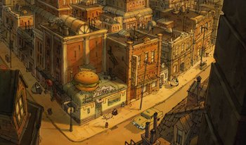 Movie still from “The Triplets of Belleville” (2003), directed by Sylvain Chomet – An illustration of an urban area with buildings and cars; Extreme Wide shot, Overhead angle