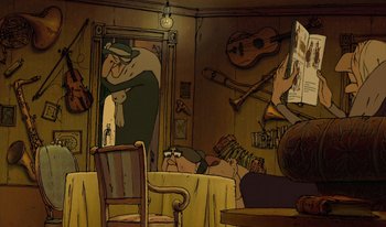 Movie still from “The Triplets of Belleville” (2003), directed by Sylvain Chomet – A painting of a man and a woman sitting at a dinner table in front of a mirror; Wide shot, High angle