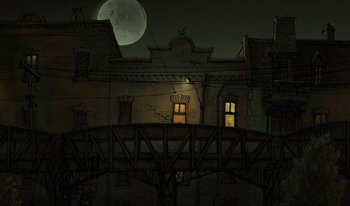 Movie still from “The Triplets of Belleville” (2003), directed by Sylvain Chomet – An illustration of an old building at night with a full moon in the background; Extreme Wide shot, High angle