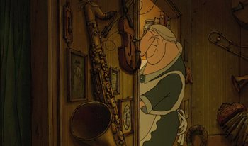 Movie still from “The Triplets of Belleville” (2003), directed by Sylvain Chomet – An animated picture of an old man with a saxophone; Wide shot, High angle