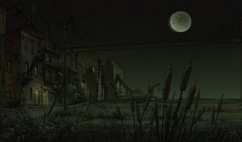 Movie still from “The Triplets of Belleville” (2003), directed by Sylvain Chomet – A full moon rises in the night sky over a city; Extreme Wide shot, Low angle