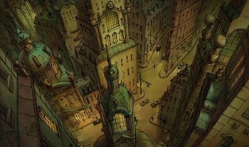 Movie still from “The Triplets of Belleville” (2003), directed by Sylvain Chomet – An aerial view of a city with buildings and cars; Extreme Wide shot, Overhead angle