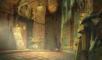 Movie still from “The Triplets of Belleville” (2003), directed by Sylvain Chomet – An animated picture of an alley with a clock and street lights; Extreme Wide shot, High angle