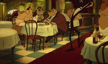 Movie still from “The Triplets of Belleville” (2003), directed by Sylvain Chomet – A group of people sitting at a table in a room; Wide shot, Low angle