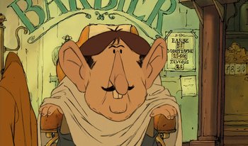 Movie still from “The Triplets of Belleville” (2003), directed by Sylvain Chomet – An animated picture of an old man with a mustache; Close Up shot, High angle