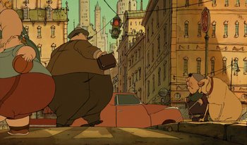 Movie still from “The Triplets of Belleville” (2003), directed by Sylvain Chomet – An animated scene of a man walking down the street; Wide shot, Low angle