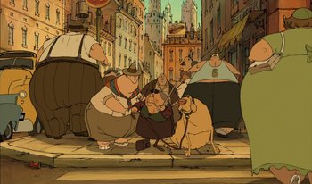 Movie still from “The Triplets of Belleville” (2003), directed by Sylvain Chomet – A group of people standing on a sidewalk; Wide shot, Low angle