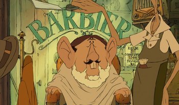 Movie still from “The Triplets of Belleville” (2003), directed by Sylvain Chomet – An old man is sitting in a barber chair; Close Up shot, Low angle