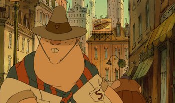 Movie still from “The Triplets of Belleville” (2003), directed by Sylvain Chomet – A cartoon of a man with a hat on; Close Up shot, Low angle