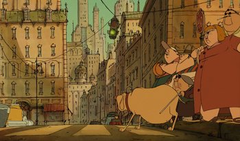 Movie still from “The Triplets of Belleville” (2003), directed by Sylvain Chomet – A man riding on the back of a sheep on a city street; Wide shot, Low angle