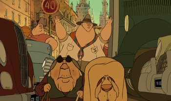 Movie still from “The Triplets of Belleville” (2003), directed by Sylvain Chomet – A group of people standing next to each other on a street; Wide shot, High angle