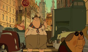 Movie still from “The Triplets of Belleville” (2003), directed by Sylvain Chomet – An animated picture of a fat man in a hat; Wide shot, Low angle