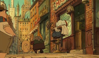 Movie still from “The Triplets of Belleville” (2003), directed by Sylvain Chomet – A group of people standing on the side of a street; Wide shot, High angle