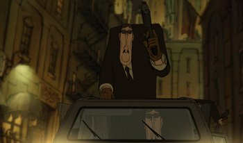 Movie still from “The Triplets of Belleville” (2003), directed by Sylvain Chomet – A man in a suit and tie holding a gun; Medium shot, Low angle