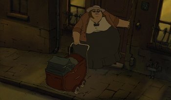 Movie still from “The Triplets of Belleville” (2003), directed by Sylvain Chomet – An old woman pushing a cart full of books; Wide shot, High angle